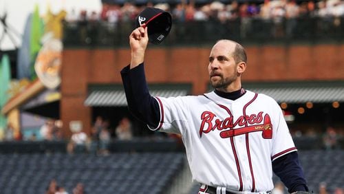 Atlanta Braves pitcher John Smoltz reacts after throwing his 3,000th career strikeout on April 22, 2008. But on Jan. 28, 2017, he’ll be at the grand opening of a new Bowlero, a hip bowling alley, in Kennesaw.