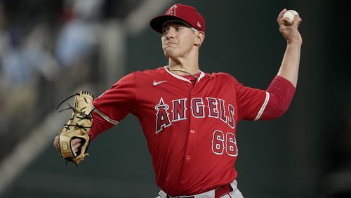 Los Angeles Angels starting pitcher Samuel Aldegheri throws to the Texas Rangers in the first inning of a baseball game Friday, Sept. 6, 2024, in Arlington, Texas. (AP Photo/Tony Gutierrez)