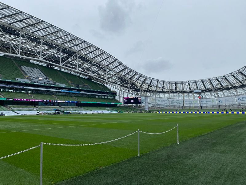 An interior photo of Dublin's Aviva Stadium, where Georgia Tech and Boston College will play Aug. 24, 2024. This photo was taken Aug. 22. (AJC photo by Ken Sugiura)