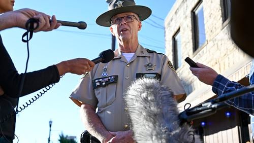 Deputy Gilbert Acciardo, Public information Officer with the Laurel County Sheriff's Office, gives details on the progress of the investigation of the shooting along I-75 in London, Ky., Sunday, Sept. 8, 2024. (AP Photo/Timothy D. Easley)