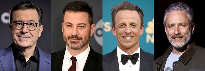This combination of photos shows talk show hosts, from left, Stephen Colbert, Jimmy Kimmel, Seth Meyers and John Stewart. (AP Photo)