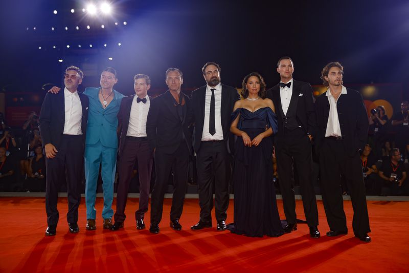 Writer Zach Baylin, from left, Phillip Forest Lewitski, Tye Sheridan, Jude Law, director Justin Kurzel, Jurnee Smollett, Nicholas Hoult and Matias Lucas pose for photographers upon arrival for the premiere of the film 'The Order' during the 81st edition of the Venice Film Festival in Venice, Italy, on Saturday, Aug. 31, 2024. (Photo by Vianney Le Caer/Invision/AP)