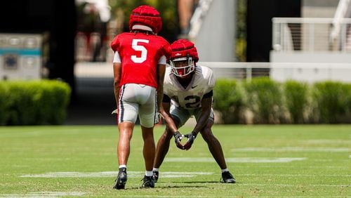 Georgia wide receiver Anthony Evans III (5) an cornerback Julian Humphrey (12) had some great battles during the Bulldogs second controlled scrimmage of the 2024 preseason this past Saturday, Aug. 10, at Sanford Stadium (Conor Dillon/UGAAA)