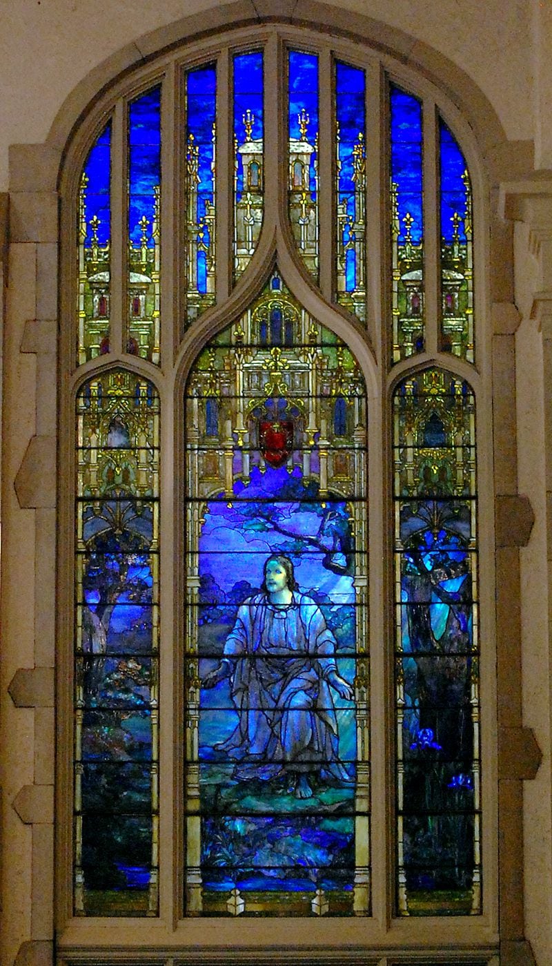 The "Passion" window at First Presbyterian Church of Atlanta is by Tiffany and shows Jesus in the Garden of Gethsemane in the moments before his arrest.
