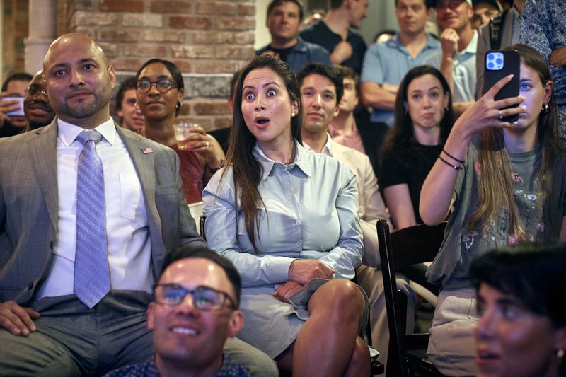Trump supporters react during the Young Republicans' Presidential debate watch party on Thursday, June 27, 2024, in New York as President Joe Biden faces former President Donald Trump during the first Presidential debate ahead of the 2024 elections. (AP Photo/Andres Kudacki)