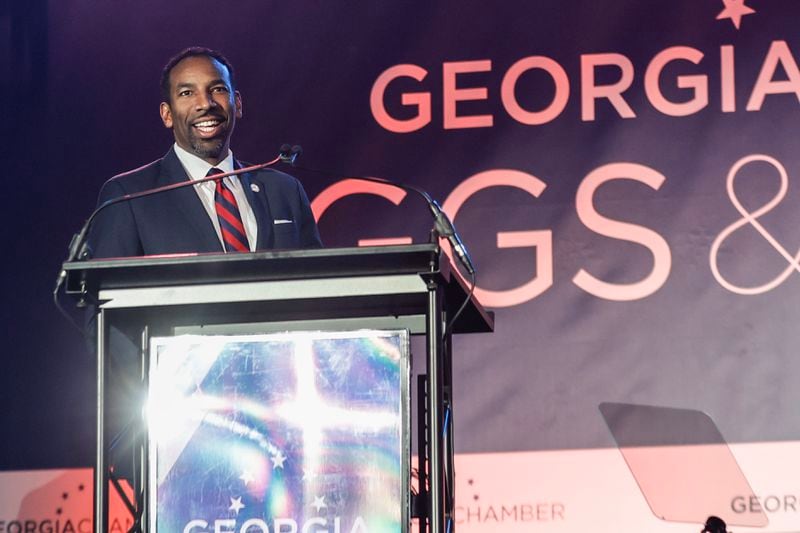 The Georgia Chamber holds it annual “Eggs and Issues” breakfast at Mercedes Benz stadium in Atlanta on Wednesday, Jan. 10, 2024. (Natrice Miller/ Natrice.miller@ajc.com)