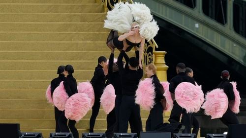 Lady Gaga performs in Paris, France, ahead the opening ceremony of the 2024 Summer Olympics, Friday, July 26, 2024. (AP Photo/Luca Bruno)