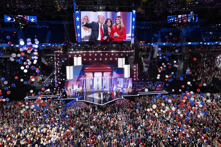 Balloons drop at Fiserv Forum in Milwaukee on Thursday, July 18, 2024, after former president Donald Trump speaks on the fourth day of the Republican National Convention. (Arvin Temkar / AJC)