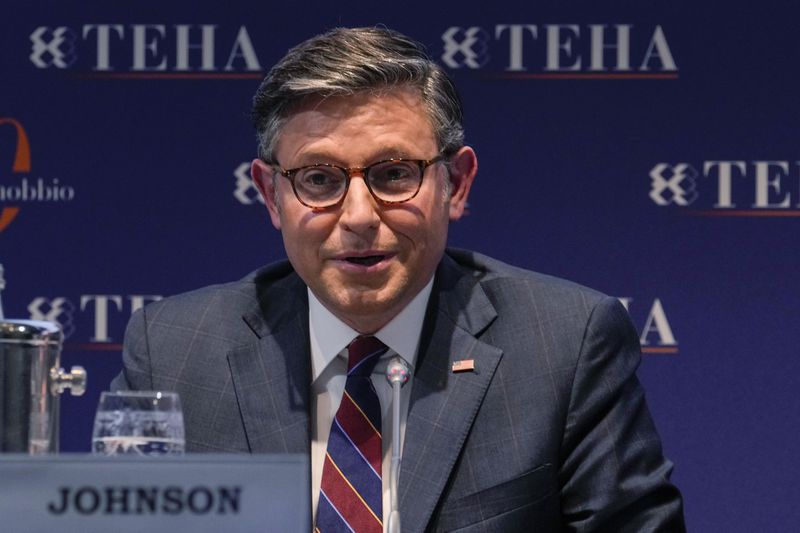 House Speaker Mike Johnson addresses the audience during the Teha (The European House Ambrosetti ) economic forum in Cernobbio, Como Lake, Italy, Saturday, Sept. 7, 2024. (AP Photo/Luca Bruno)