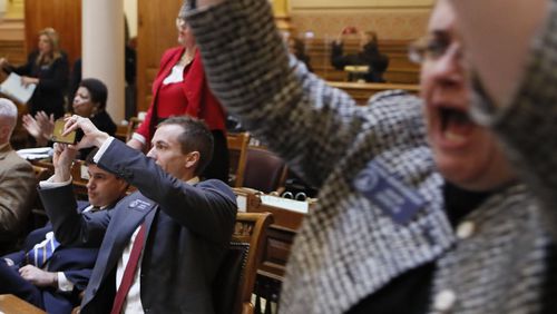 State Sen. Greg Dolezal (left), R-Cumming, watches as his bill, SB 173, a proposal to use taxpayer funding to send public school students to private schools, failed in a close vote. The legislature was in session for the 27th day of the 2019 General Assembly. Bob Andres, bandres@ajc.com