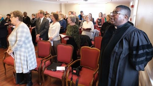 Dr. Sargent Nelson, far right,  sings with the congregation at the beginning of the service at the New Thomson United Methodist Church in Thomson, GA, on Sunday, February 18, 2024. (Nell Carroll for The Atlanta Journal-Constitution)