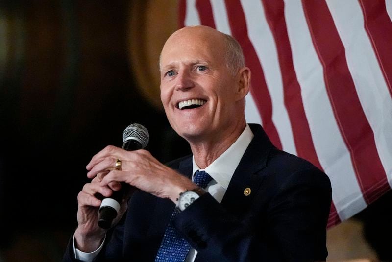 FILE - Sen. Rick Scott, R-Fla. speaks during a town-hall style meeting, Sept. 3, 2024, in Braselton. (AP Photo/Mike Stewart, File)