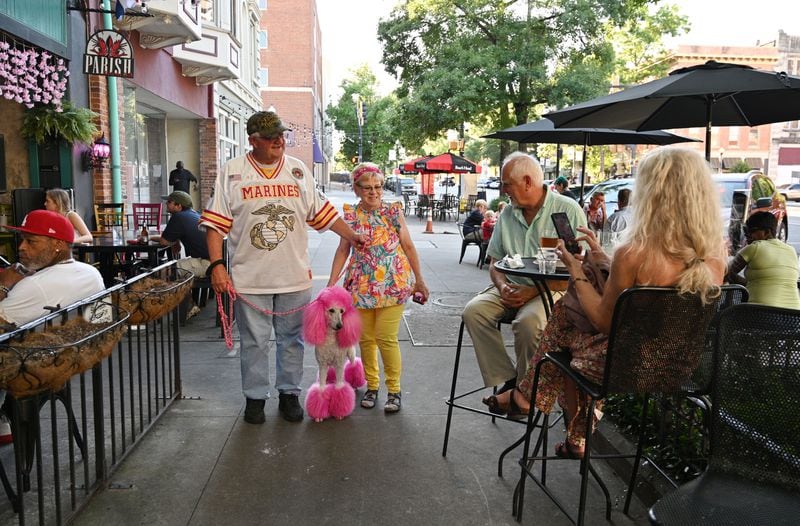 Paul and Alice Williams, known to locals for parading their pink poodle at Cherry Blossom Festival time, walk their dog, Cherry, in downtown Macon. (Hyosub Shin / AJC)