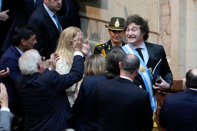 Argentina's President Javier Milei arrives at Congress to present the 2025 budget in Buenos Aires, Argentina, Sunday, Sept. 15, 2024. (AP Photo/Natacha Pisarenko)