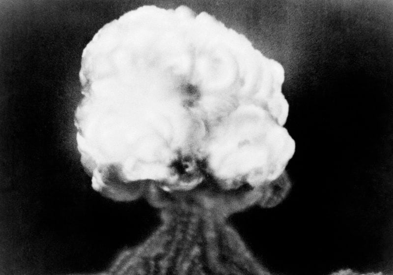 FILE - This July 16, 1945, file photo, shows the mushroom cloud of the first atomic explosion at Trinity Test Site near Alamagordo, N.M. (AP Photo/File)