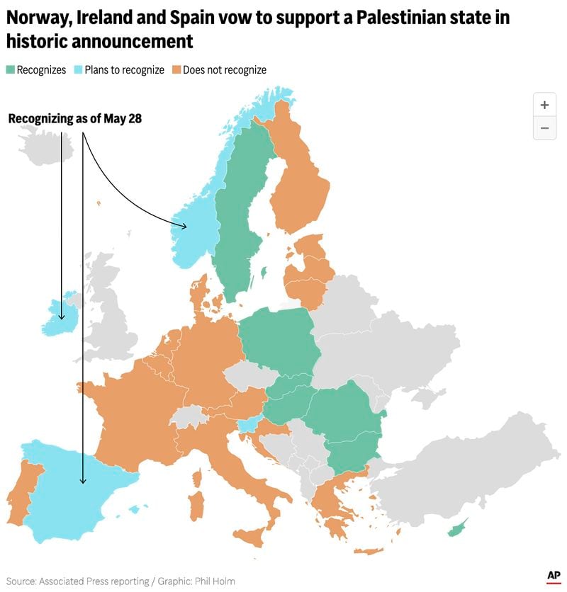 The map above shows which countries in Europe support a Palestinian state, plan to and which do not. (AP Digital Embed)