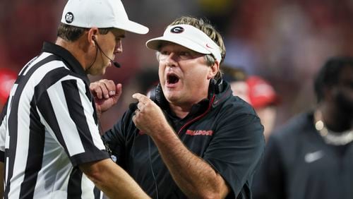 Georgia head coach Kirby Smart argues a call with an official during the second half against Alabama at Bryant-Denny Stadium, Saturday, Sept. 28, 2024, in Tuscaloosa, Al. Alabama won 41-34. (Jason Getz / AJC)

