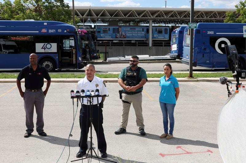 Forest Park police Deputy Chief Christopher Chin gives a news briefing outside the CTA Forest Park station, after a shooting, Monday, Sept. 2, 2024, in Forest Park, Ill. (John J. Kim/Chicago Tribune via AP)