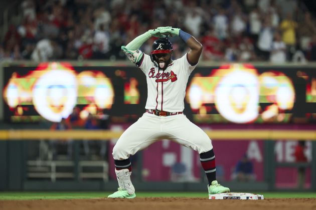 Atlanta Braves outfielder Michael Harris II (23) reacts on second base after hitting a RBI double during the third inning against the New York Mets at Truist Park, Tuesday, Sept. 24, 2024, in Atlanta. The Braves won 5-1. (Jason Getz / AJC)

