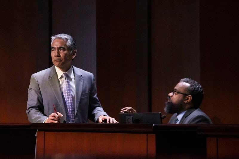District 6 council member Alex Wan (left) converses with the Atlanta Chief Financial Officer Mohamed Balla (right) during a Atlanta City County committee meeting on Wednesday, May 24, 2023, at City Hall in Atlanta.  CHRISTINA MATACOTTA FOR THE ATLANTA JOURNAL-CONSTITUTION.