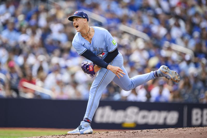 Toronto Blue Jays pitcher Bowden Francis (44) throws the ball during second inning of a baseball game against the Los Angeles Angels in Toronto, Saturday, Aug. 24, 2024. (Christopher Katsarov/The Canadian Press via AP)