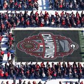 Fans are seated in the stadium for the celebration.  College Football National Champion Georgia Bulldogs celebrate with a parade downtown and and head to a ceremony in Sanford Stadium in Athens, GA, on Saturday, Jan. 14, 2023.  (Curtis Compton for the Atlanta Journal Constitution)