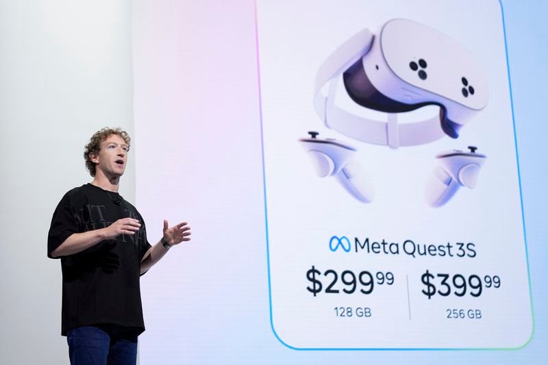 Mark Zuckerberg talks about the Meta Quest 3S during the Meta Connect conference Wednesday, Sept. 25, 2024, in Menlo Park, Calif. (AP Photo/Godofredo A. Vásquez)