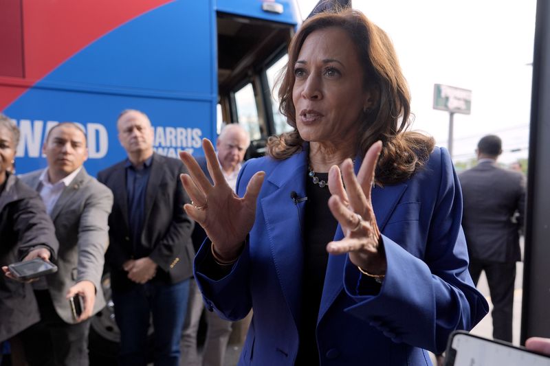 Democratic presidential nominee Vice President Kamala Harris speaks to reporters outside Primanti Bros. Restaurant during a campaign stop, Sunday, Aug. 18, 2024, in Pittsburgh. (AP Photo/Julia Nikhinson)