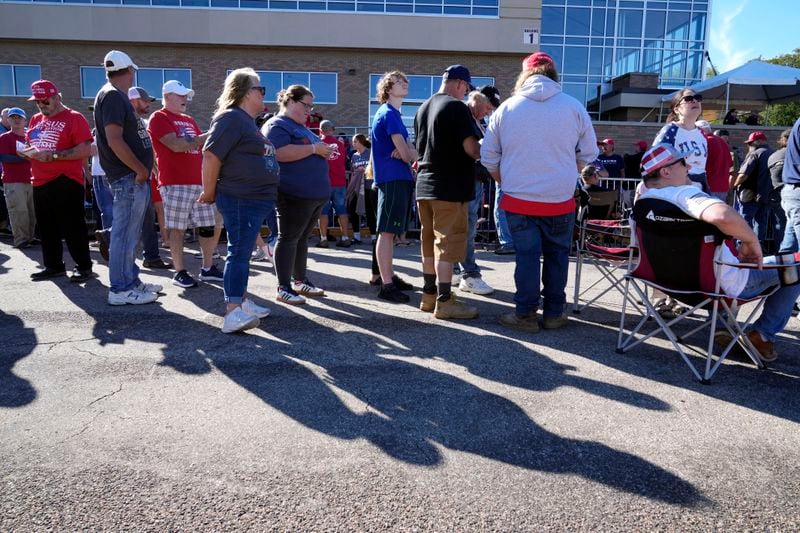 Supporters wait for Republican presidential nominee former President Donald Trump to arrive at a rally, Saturday, Sept. 28, 2024, in Prairie du Chien, Wis. (AP Photo/Charlie Neibergall)