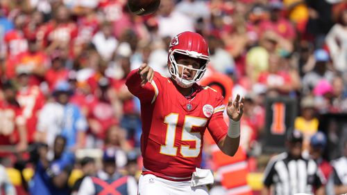 Kansas City Chiefs quarterback Patrick Mahomes (15) throws a pass against the Detroit Lions during the first half of an NFL preseason football game Saturday, Aug. 17, 2024, in Kansas City, Mo. (AP Photo/Ed Zurga)