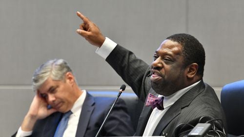 Commissioner Marvin S. Arrington, Jr. reacts during a meeting at the Fulton County government building in Atlanta on Wednesday, July 14, 2021. (Hyosub Shin / Hyosub.Shin@ajc.com)