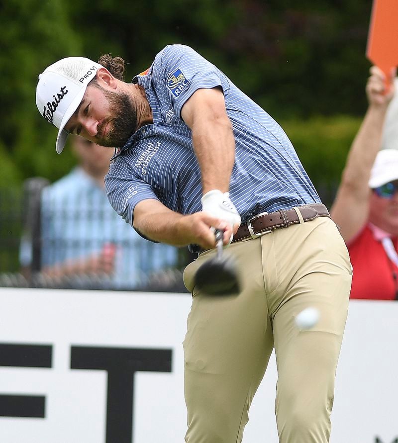 Cameron Young hits from the seventh tee during the second round of the Rocket Mortgage Classic golf tournament at the Detroit Golf Club in Detroit, Michigan, Friday, June 27, 2024. (Daniel Mears/Detroit News via AP)