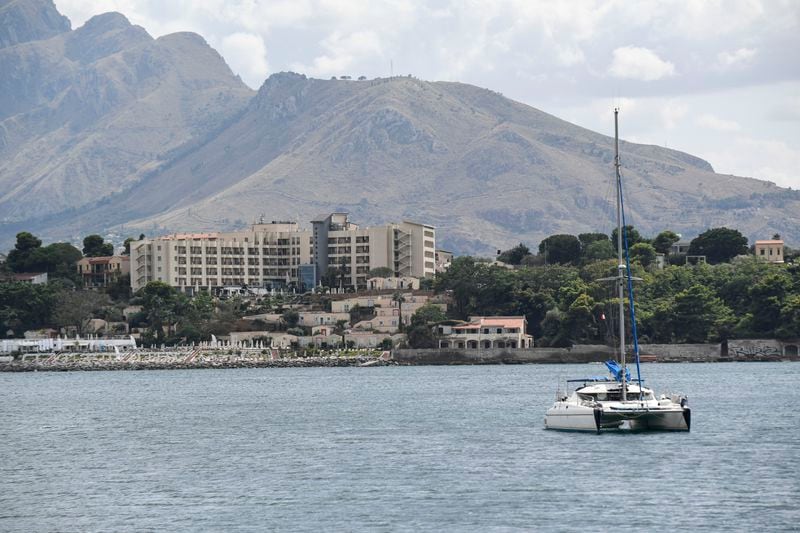 A view of the Hotel Domina Zagarella which hosts the survivors of the Bayesian's shipwreck in Porticello, southern Italy, Tuesday, Aug. 20, 2024. Rescue teams and divers returned to the site of a storm-sunken superyacht Tuesday to search for six people, including British tech magnate Mike Lynch, who are believed to be still trapped in the hull 50 meters (164-feet) underwater. (AP Photo/Salvatore Cavalli)