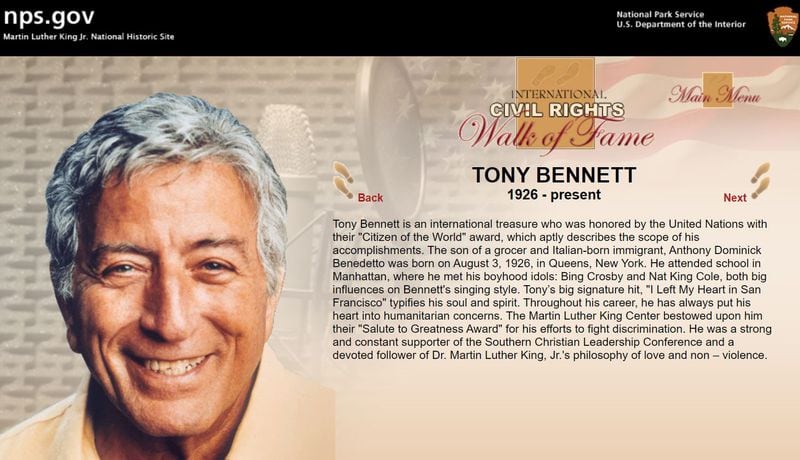 From a web page about Tony Bennett on the the International Civil Rights Walk of Fame (NPS.gov)
