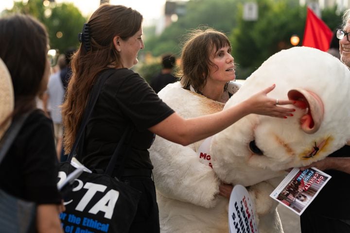 Julie Robertson of Atlanta cools off while wearing a mouse costume for a PETA protest against animal testing near the intersection of 10th Street NW and Spring Street NW in Atlanta on Thursday, June 27, 2024. Nearby, President Joe Biden and former President Donald Trump participated in a debate hosted by CNN. (Seeger Gray / AJC)