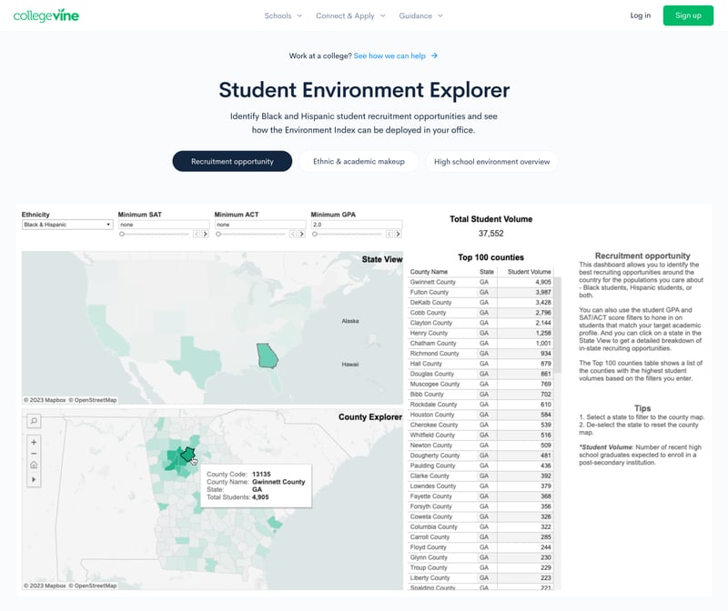 With Student Environment Explorer, admissions officers can target their recruitment efforts to specific communities. (Courtesy of CollegeVine)