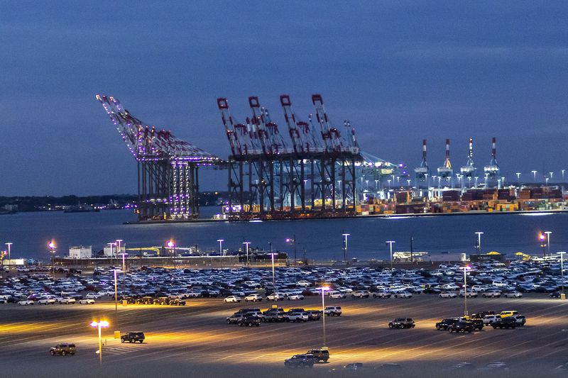 Cranes and shipping containers are seen at Port Newark during a port strike, Tuesday, Oct. 1, 2024, in Bayonne. (AP Photo/Eduardo Munoz Alvarez)