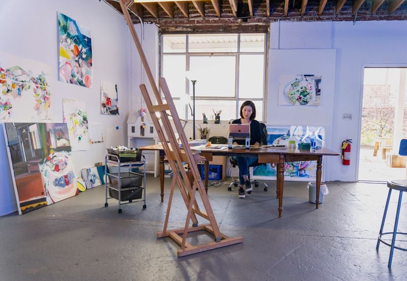 In Kyoung Chun, visual artist, in her Atlanta studio. (Photo Credit: Amber Bernard)