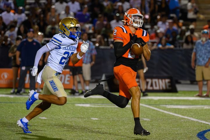 Wide receiver Steele Ingram makes a catch during the football game against McEachern in Kennesaw, GA on August 23, 2024 (Jamie Spaar for the Atlanta Journal Constitution)