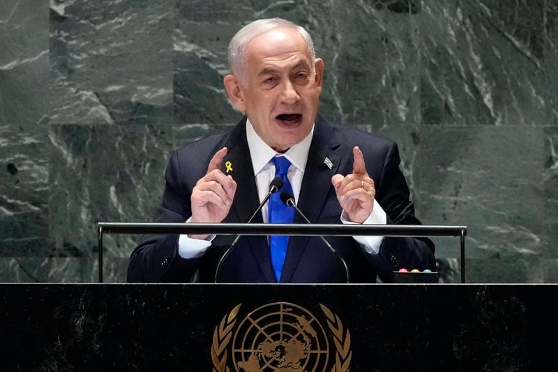 Israel Prime Minister Benjamin Netanyahu addresses the 79th session of the United Nations General Assembly, Friday, Sept. 27, 2024. (AP Photo/Richard Drew)