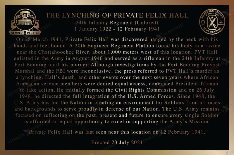 in 2012, some 80 years after Pvt. Felix Hall’s lynching at Fort Benning, the U.S. military post dedicates this memorial to him. Photo courtesy of Fort Benning.