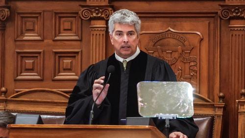 Georgia Supreme Court Chief Justice Michael P. Boggs delivers the annual state of the judiciary address to Georgia legislators on Wednesday, Feb. 7, 2024. (Natrice Miller/natrice.miller@ajc.com)