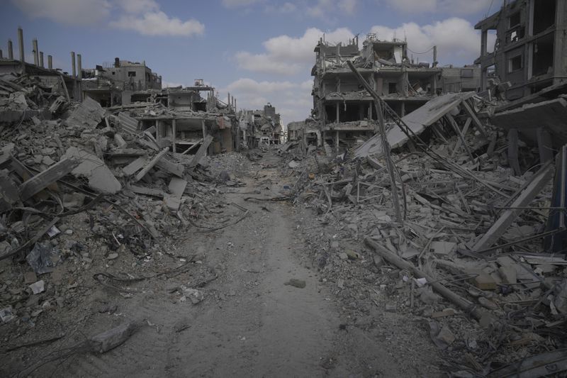 A view of destroyed buildings is shown following Israeli strikes in the southern Gaza Strip on Friday, Sept. 13, 2024. (AP Photo/Leo Correa)