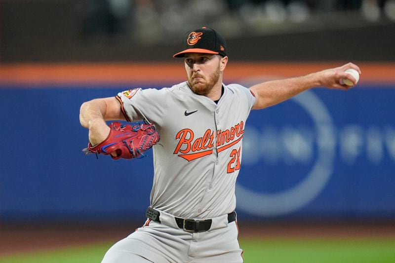 Baltimore Orioles pitcher Trevor Rogers throws during the first inning of a baseball game against the New York Mets at Citi Field, Monday, Aug. 19, 2024, in New York. (AP Photo/Seth Wenig)