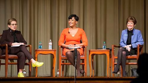 Atlanta mayoral candidates Keisha Lance Bottoms, center, and Mary Norwood, right, participate in a forum moderated by former Atlanta City Council President Cathy Woolard, left, at the Carter Center, Tuesday, November 28, 2017. ALYSSA POINTER/ALYSSA.POINTER@AJC.COM