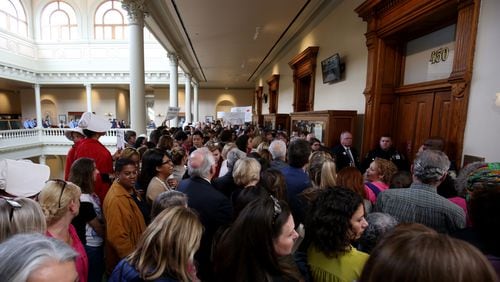 People fill the hallways outside of committee Room 450 in the state Capitol, at a first Senate hearing for HB 481, the anti-abortion “heartbeat” bill. JASON GETZ/SPECIAL TO THE AJC