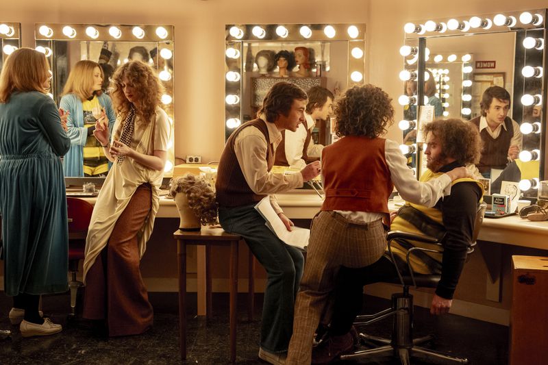 This image released by Sony Pictures shows, from left, Kim Matula, as Jane Curtain, Emily Fairn, as Laraine Newman, Gabriel LaBelle, as Lorne Michaels, Rachel Sennott, as Rosie Shuster, and Matt Wood, as John Belushi. (Hopper Stone/Sony Pictures Entertainment via AP)