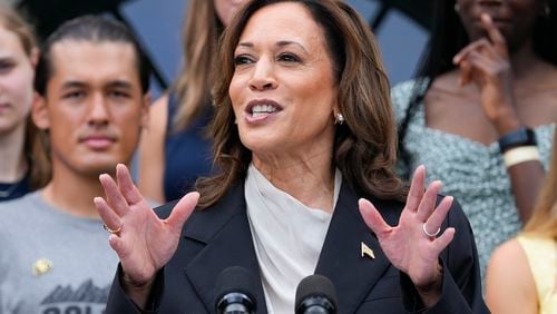 Vice President Kamala Harris speaks from the South Lawn of the White House during an event with NCAA college athletes on Monday.