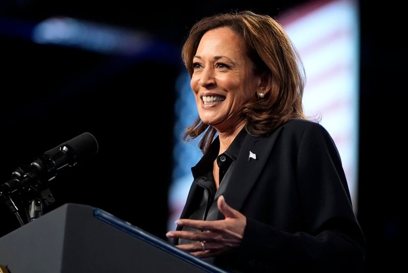 FILE - Democratic presidential nominee Vice President Kamala Harris speaks during a rally at the Dort Financial Center in Flint, Mich., Friday, Oct. 4, 2024. (AP Photo/Mark Schiefelbein, File)