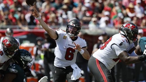 Tampa Bay Buccaneers quarterback Baker Mayfield throws the ball in the second quarter against the Philadelphia Eagles on Sunday, Sept. 29, 2024, at Raymond James Stadium in Tampa, Florida. (Yong Kim/The Philadelphia Inquirer/TNS)